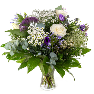 Mystic River  - A petite vase arrangement that flows with quiet elegance — Mystic River blends gentle, harmonious tones with fresh greenery to create a sense of calm and timeless beauty. Serene and graceful, it brings a touch of peaceful refinement to any space.