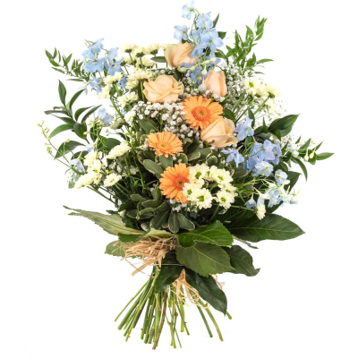 Tied Sheaf SYM-337 - This country style tied sheaf made using peach and blue flowers is an enduringly popular tribute. 