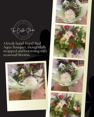 Florist Choice Aqua Bouquet - Seasonal florist choice - A lovely aqua hand-tied bouquet in water thoughtfully wrapped with seasonal blooms.