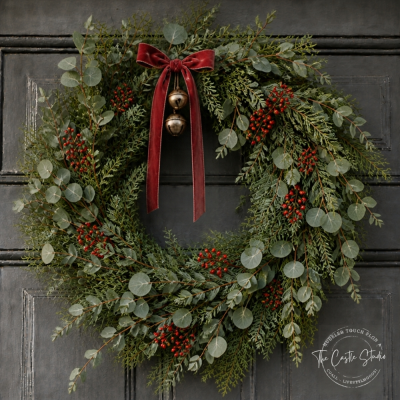 Fillingham flourish Christmas Wreath - Welcome the season with the Fillingham Flourish Christmas Wreath — a lush, beautifully full design that brings effortless festive charm to any front door. Handcrafted from generous evergreen fir branches layered with stunning silvery eucalyptus, it offers a soft, natural texture with a gentle shimmer that catches the light.

Sprigs of bright red winter berries are tucked throughout the greenery for a cheerful pop of colour, while a deep red velvet bow crowns the top and two antique-style metal jingle bells hang from its center knot. It's a warm, nostalgic touch that makes every arrival feel like a celebration.